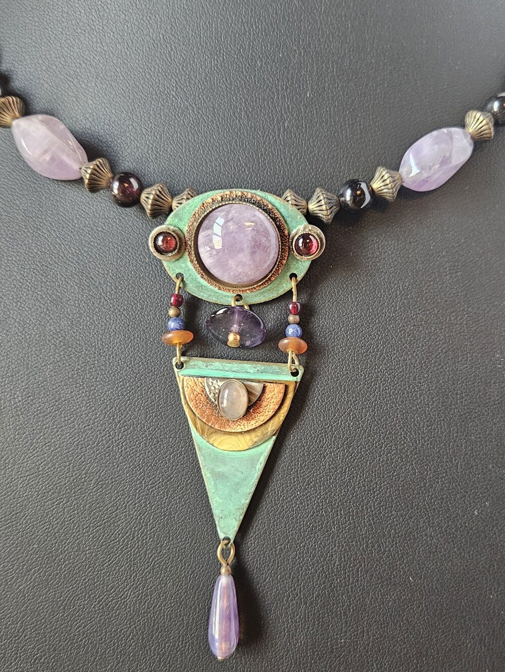 Vintage Artisan Necklace Choker Egyptian Revival Amethyst Cabochon - Picture 2 of 10